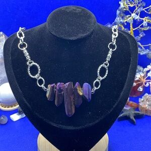 Purple & Gold Titanium Quartz Power Point Necklace 14” Clavicle Length, Handmade